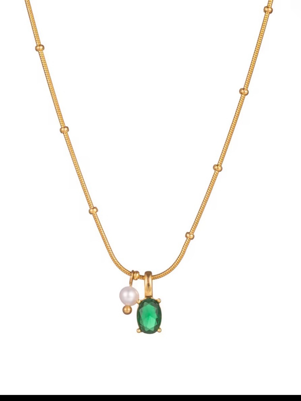 Gold-Tone Necklace with Emerald Green Gem and Pearl Charm